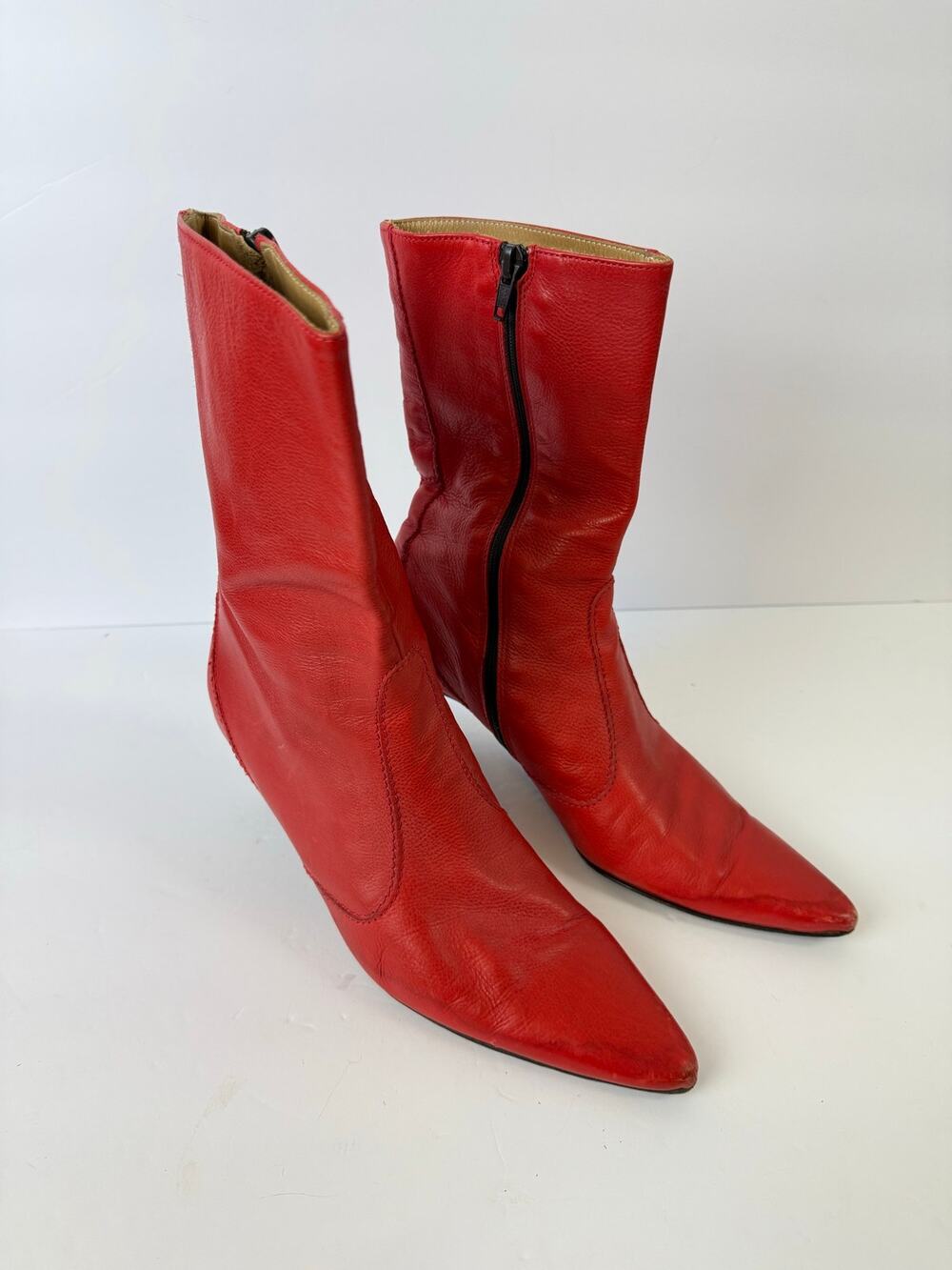 J Crew Y2K Red Pointed Toe Kitten Heel Boot Mid Calf Italian Leather Size US 8